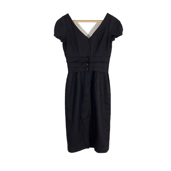 Rebecca Taylor Cross Front Pencil Formal Black Wool Linen Midi Dress button Up - Picture 4 of 8